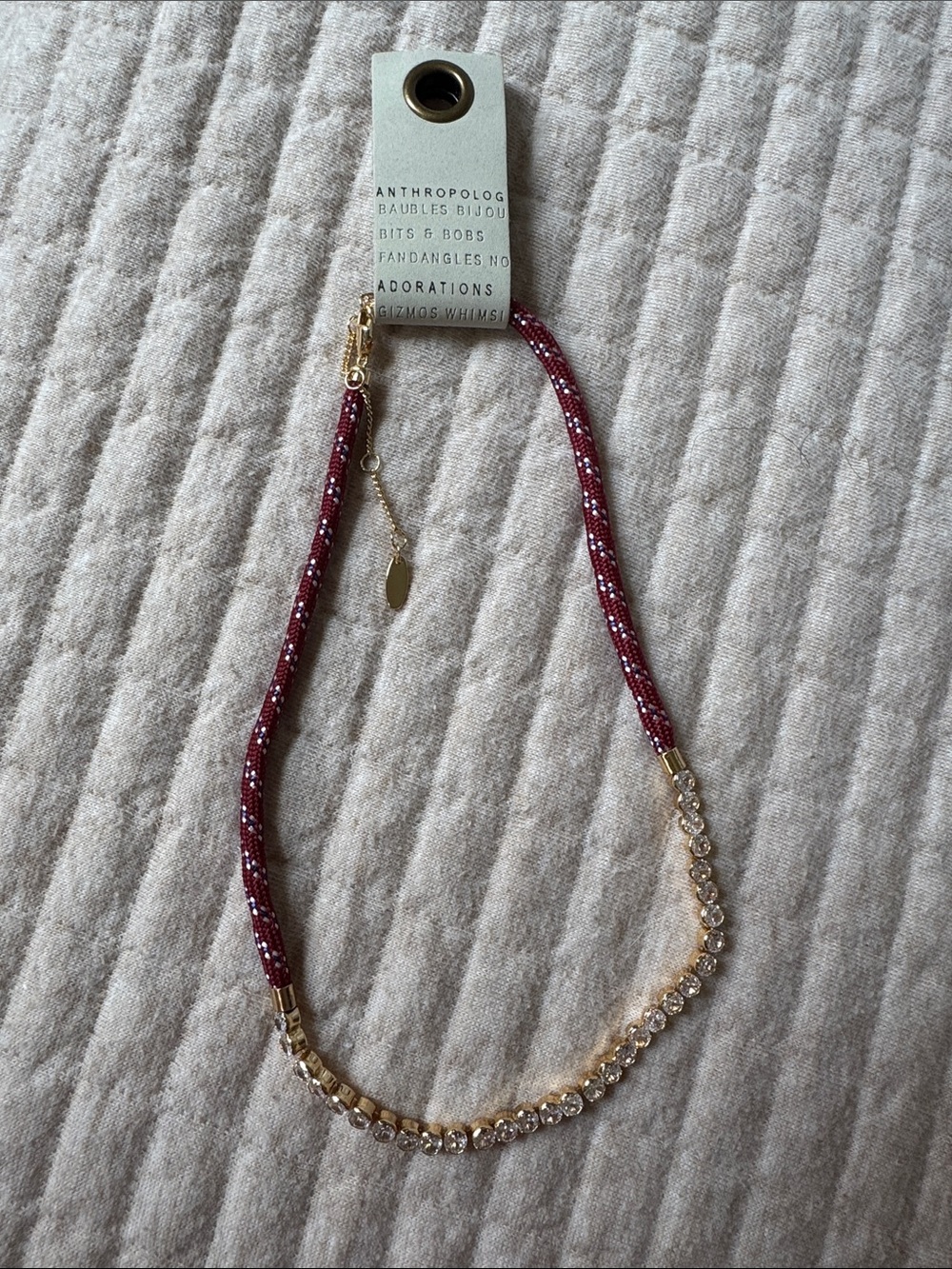 Anthropologie Burgundy Sparkle Rope Necklace with Crystal Strand